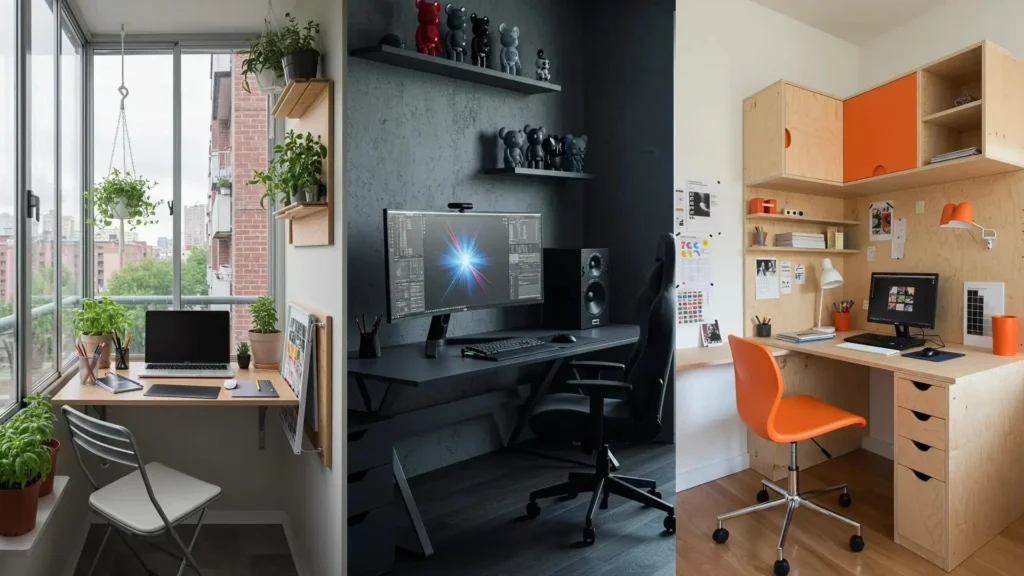 Ideas de mini estudios de diseño gráfico con estilo urbano; escritorios compactos, diseño moderno y toques creativos.