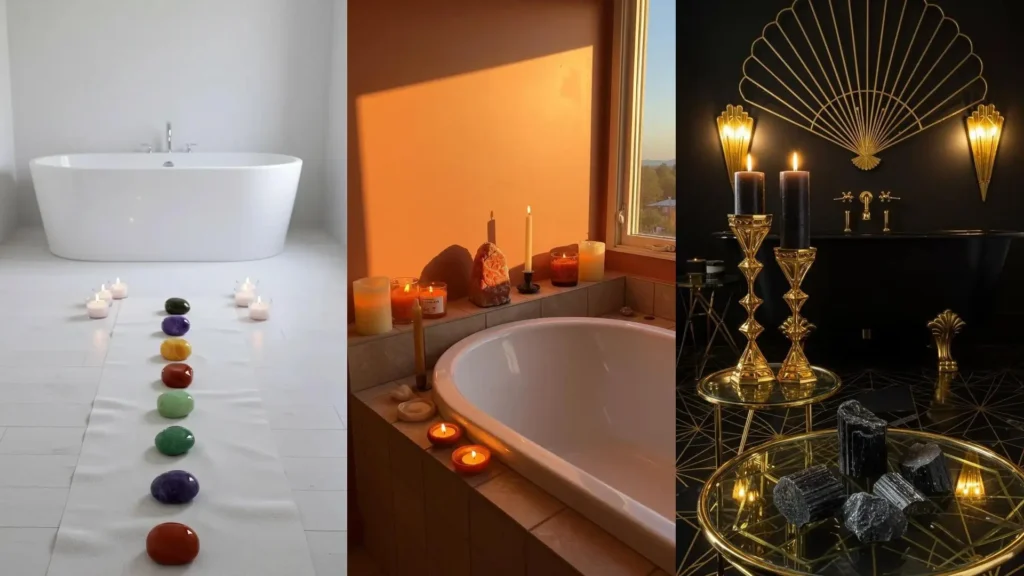 Baños místicos: velas, incienso y cristales energéticos para un espacio de relajación.