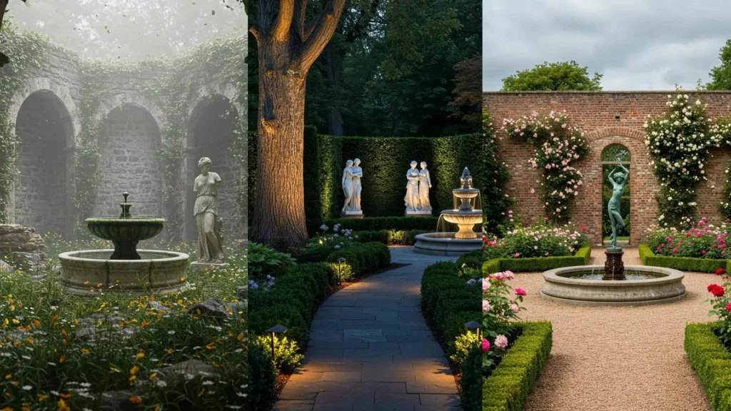 Jardines elegantes con esculturas clásicas, fuentes de agua y senderos paisajísticos para decoración exterior.