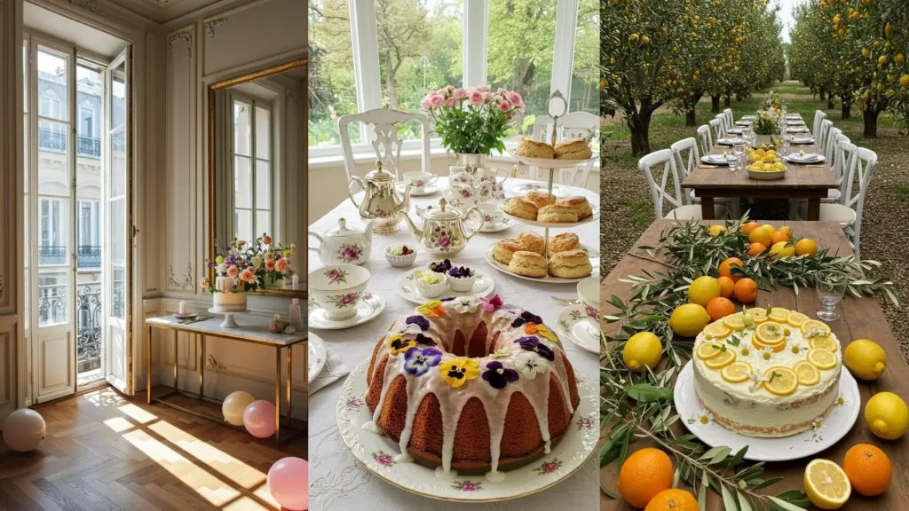 Pastel de cumpleaños glaseado, adornado con coloridas flores naturales y comestibles, listo para celebrar.