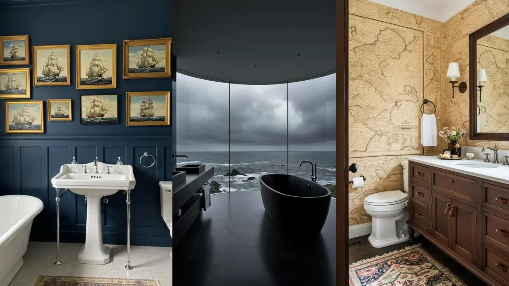 Ideas de decoración de baños marineros elegantes: arte de barcos, vistas al mar y mapas antiguos.