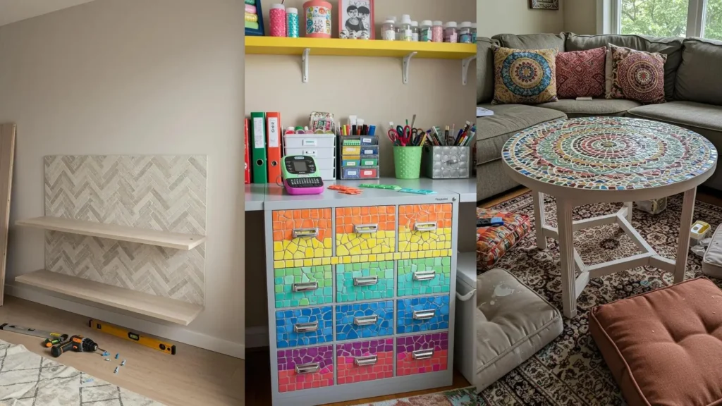 Proyectos de muebles reciclados: cajonera de oficina y mesa de centro con vibrantes mosaicos de azulejos DIY.