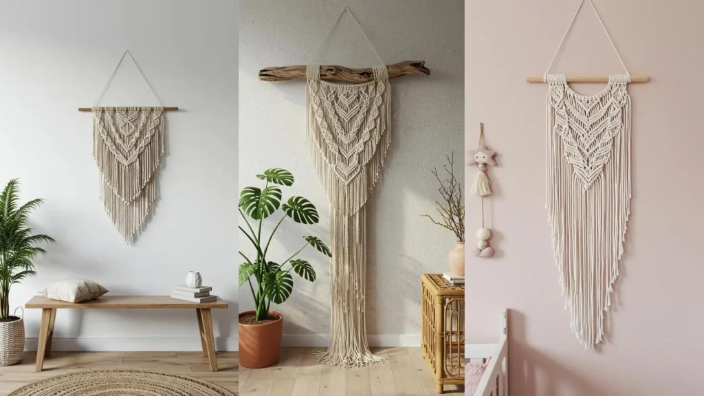 Tres tapices de macramé con flecos largos y nudos complejos adornan paredes, creando un ambiente bohemio con plantas y madera.