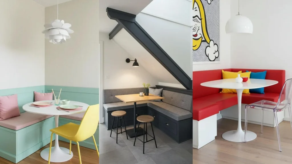 Comedores pequeños: tres diseños con bancos esquineros y cojines textiles confortables, ideal para optimizar espacio.