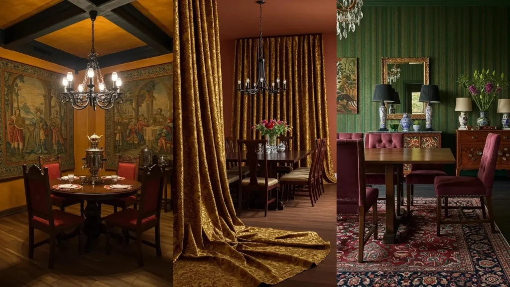Comedores rusos tradicionales con maderas oscuras, sillas, tapices y cortinas opulentas de colores intensos.