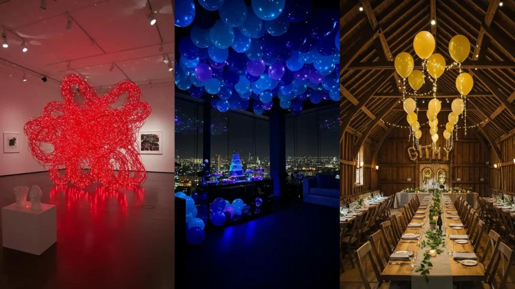 Decoración de fiesta nocturna con globos LED azules y morados, vista a la ciudad y mesa de postres.