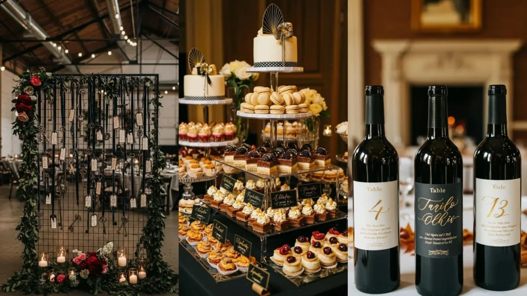 Detalles románticos de boda: panel con llaves vintage y etiquetas con mensajes escritos a mano, velas y vegetación.
