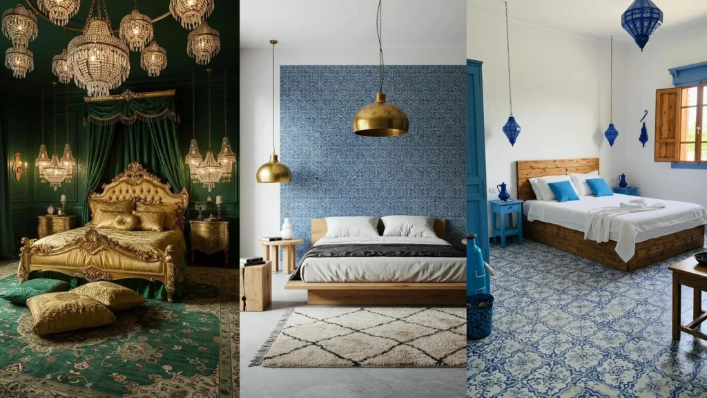 Dormitorios árabes: texturas lujosas, colores vibrantes como verde esmeralda y azul, con un misterioso encanto.