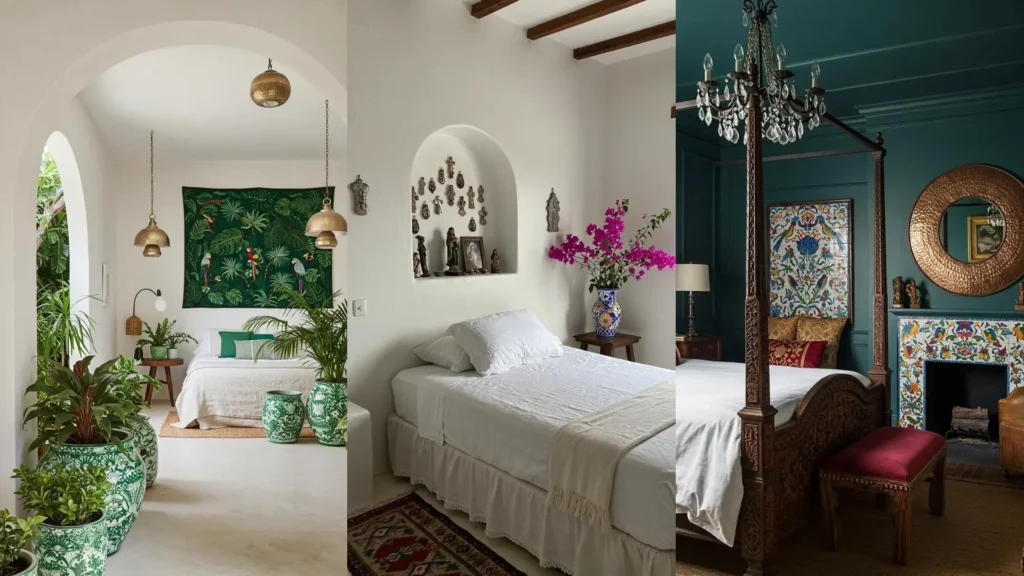 Dormitorios mexicanos con bordados vibrantes, plantas en cerámica Talavera y chimenea de colores vivos.