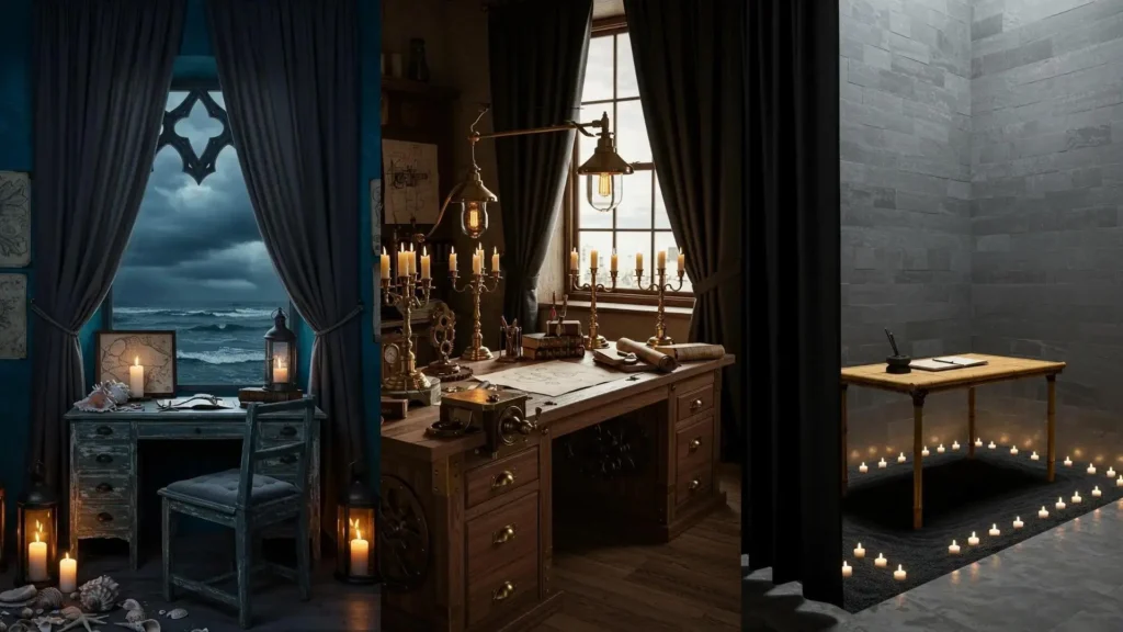 Oficinas en casa para novelistas: decoración dramática, velas y cortinas oscuras crean ambientes de escritura únicos.