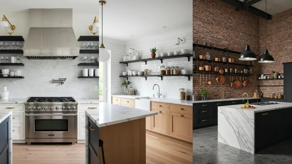 Cocinas modernas con estanterías negras y elegantes encimeras de mármol blanco, mostrando varias combinaciones.