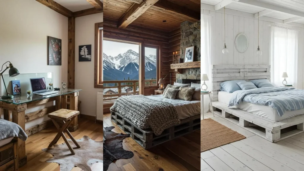 3 dormitorios rústicos decorados con palets de madera, mostrando ideas para camas, escritorios y cabeceros únicos.