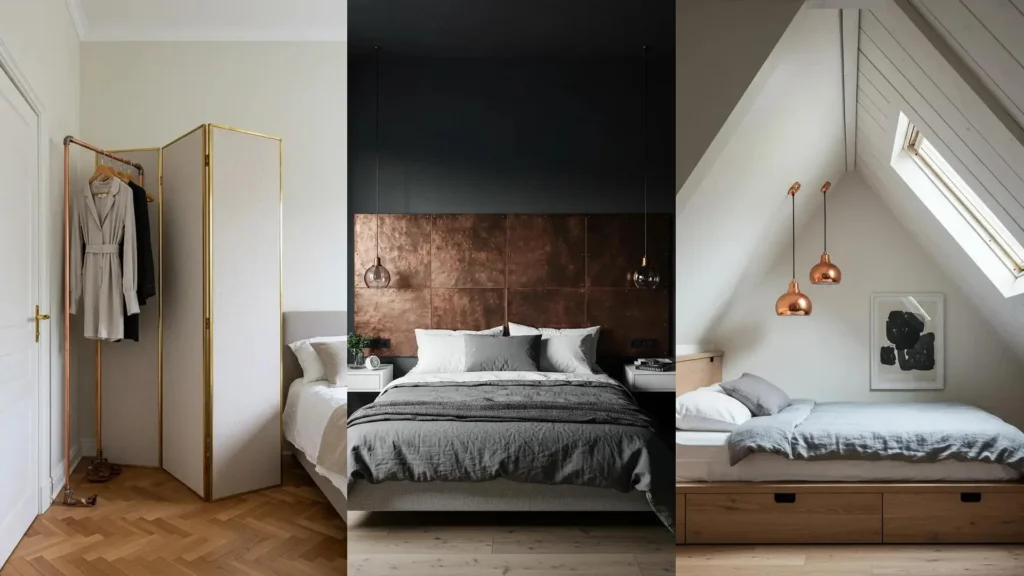 Ideas de decoración de dormitorios con detalles en cobre y latón: cabecero, lámparas colgantes y un perchero elegante.