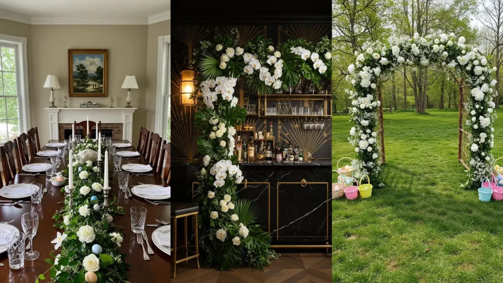 Guirnaldas de flores blancas adornan mesas y un arco para la Pascua, creando una atmósfera festiva.