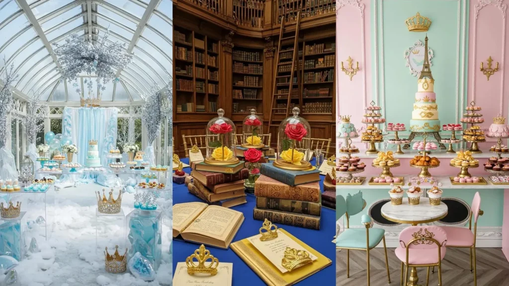 Ideas de decoración para cumpleaños de princesas con coronas doradas, pasteles y mesas de postres elegantes.