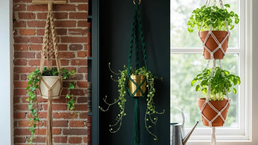 Plantas en macetas colgantes de macramé DIY decorando diferentes rincones, ideal para espacios pequeños.