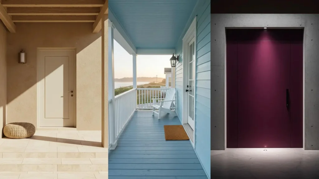 Tres porches minimalistas con un solo color dominante: beige, azul y magenta. Ideas de diseño exterior.