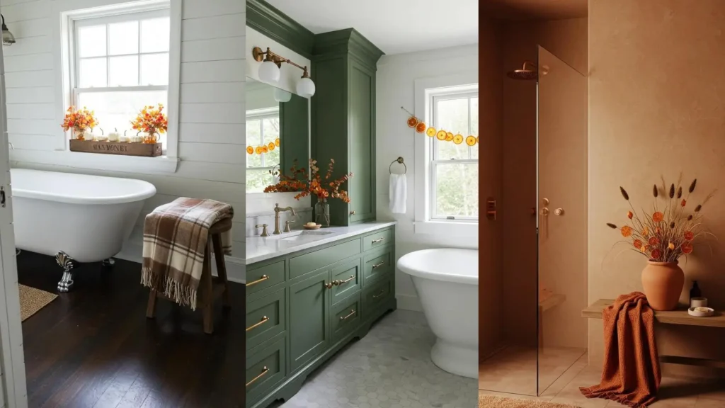 Baños otoñales: decoración con hojas secas, naranjas y tonos tierra en bañeras y duchas, creando un ambiente cálido.