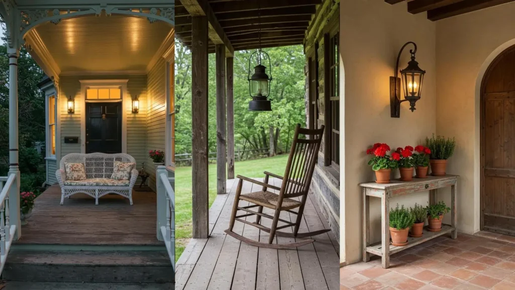 Diseños de porches vintage: banco de mimbre, silla mecedora, mesa restaurada con macetas y faroles antiguos.