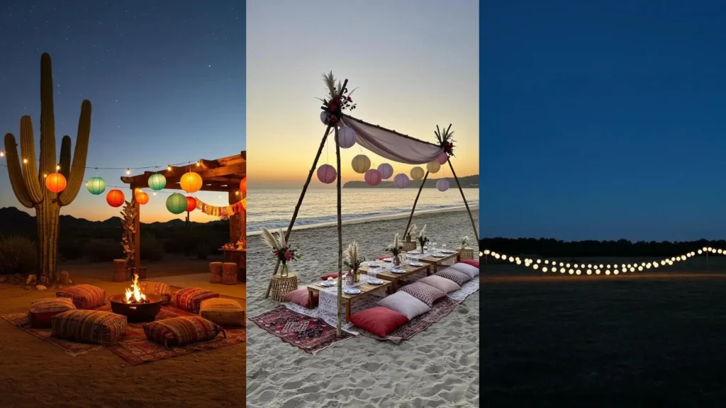 Decoración de cumpleaños al aire libre con lámparas de papel de colores: fogata en el desierto y cena en la playa.
