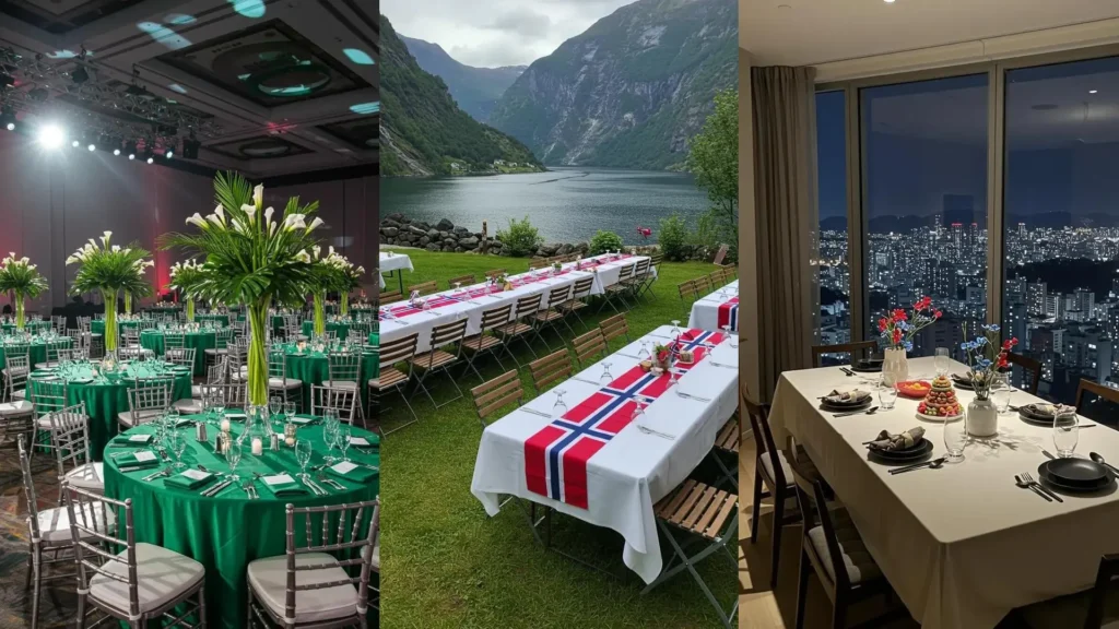 30 mesas decoradas festivamente con manteles de colores nacionales variados en diferentes ambientes, de interiores a exteriores.