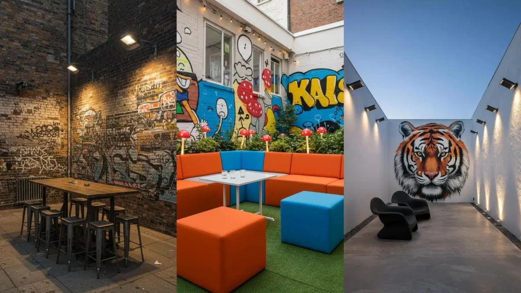 Patios urbanos modernos con grafitis vibrantes y luces solares. Ideas creativas de decoración exterior para espacios pequeños.