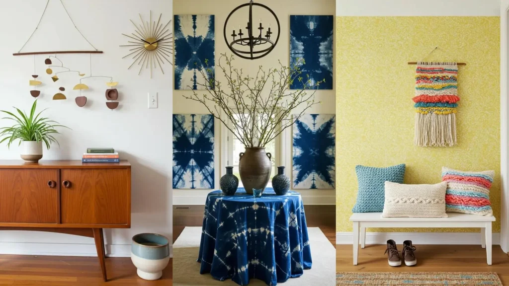 Entradas con detalles hechos a mano: móvil geométrico, tapiz tejido, cojines de ganchillo y arte tie-dye. Ideas DIY para recibidores.