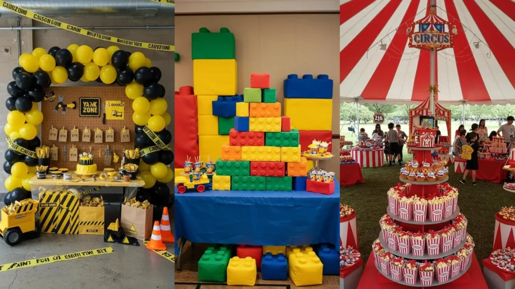 Decoración de cumpleaños DIY con temática de construcción: arco de globos, pastel y bolsitas de dulces como recuerdos.