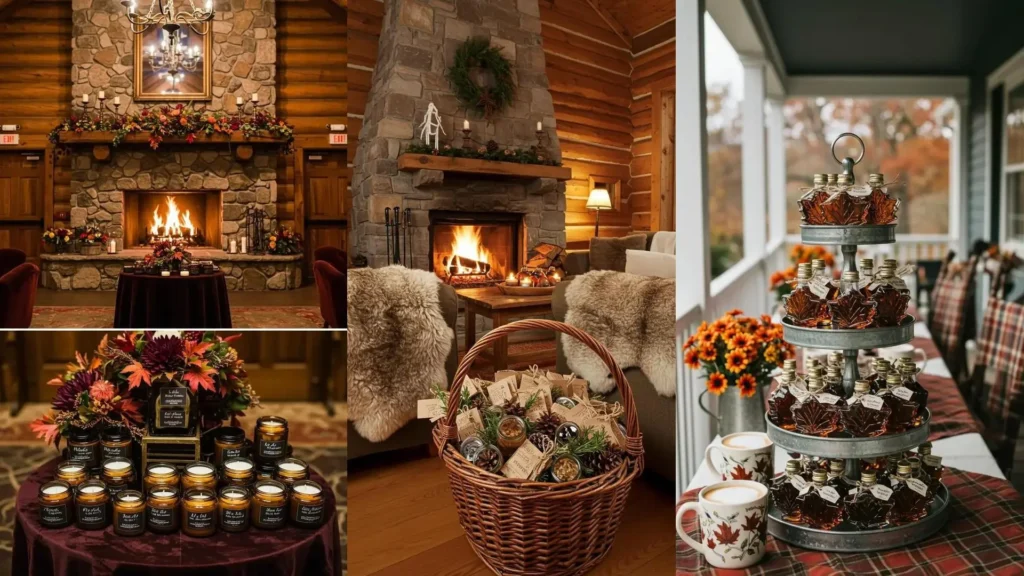 Recuerdos DIY para fiestas de temporada: botellas de jarabe de arce, velas, y una cesta de regalos acogedores de otoño.