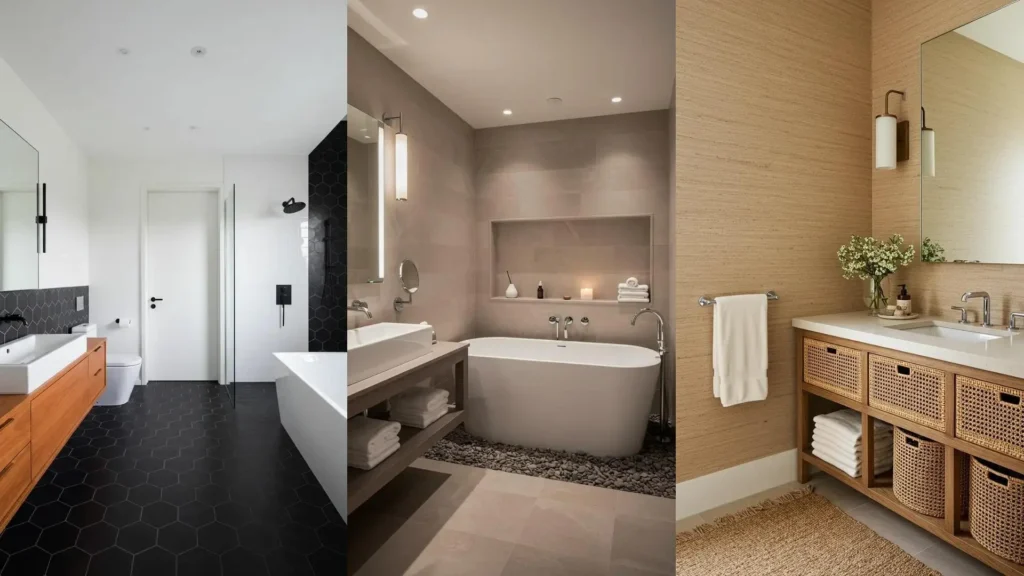 Baño de invitados zen con bañera, velas y detalles naturales, ideal para una decoración relajante.