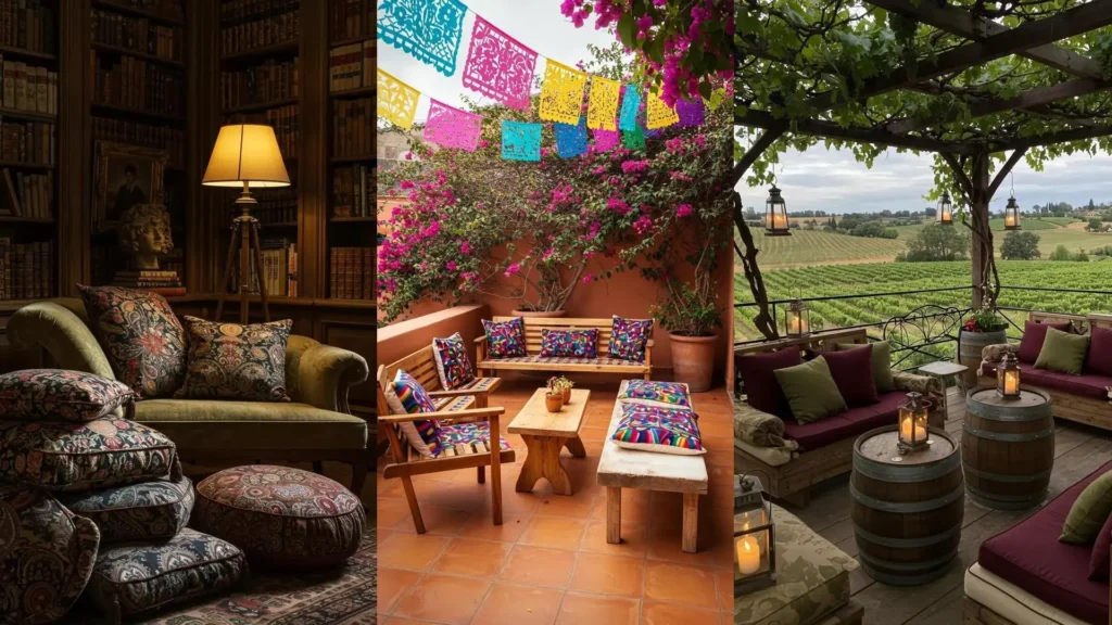 Rincones chill out con cojines boho y ambientes relajados para bodas de ensueño.