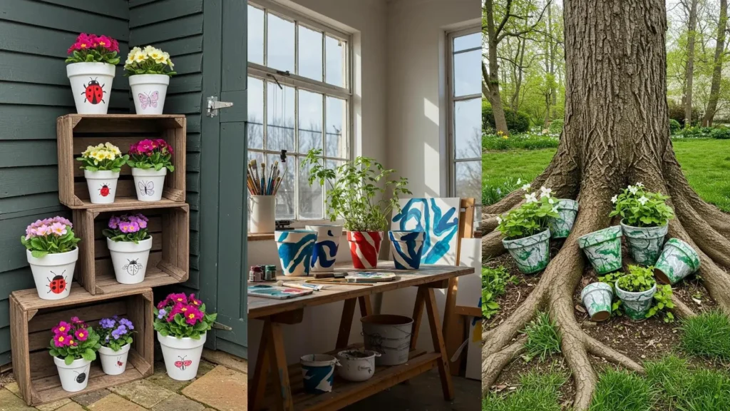 Rincones primaverales: macetas pintadas a mano con flores, mariquitas y mariposas, creando espacios llenos de color.