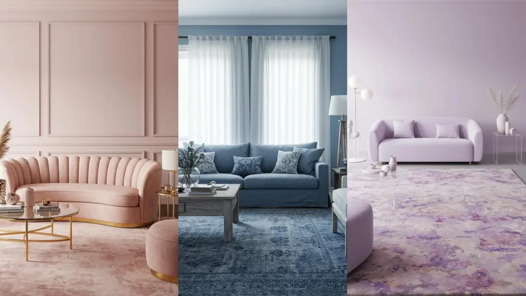 Inspiración de salas monocromáticas modernas: vistas de salones atractivos en tonos rosa, azul y lila.