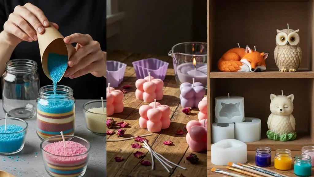 Velas caseras de colores en moldes creativos: burbujas, animales como búhos y zorros, y materiales para bricolaje.