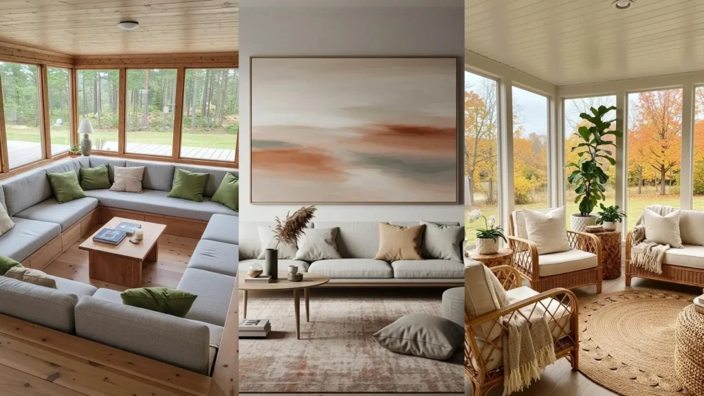 Tres ambientes suecos otoñales con decoración de tonos suaves, textiles acogedores y vistas a paisajes con árboles naranjas.