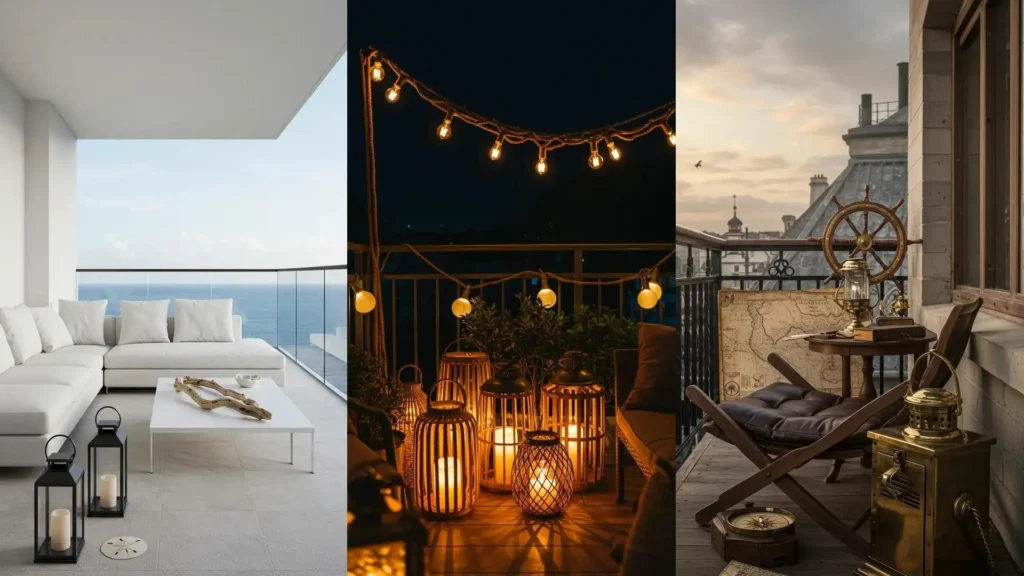 Balcones marinos con faroles, detalles náuticos como rueda de barco, brújula, mapas y conchas, además de vistas al mar.