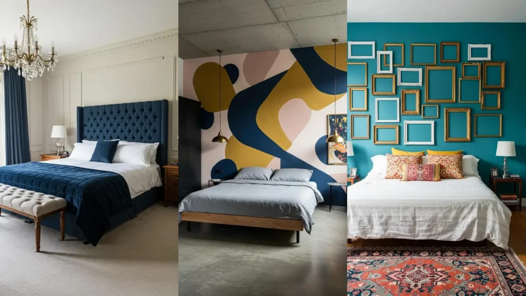 Ideas de cabeceras hechas a mano para dormitorios: desde una capitoné azul hasta un mural abstracto y marcos decorativos.