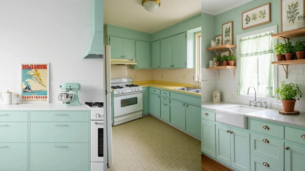 Cocinas color menta pastel con gabinetes retro, fregadero de granja y mezcladora vintage, para un look delicado.