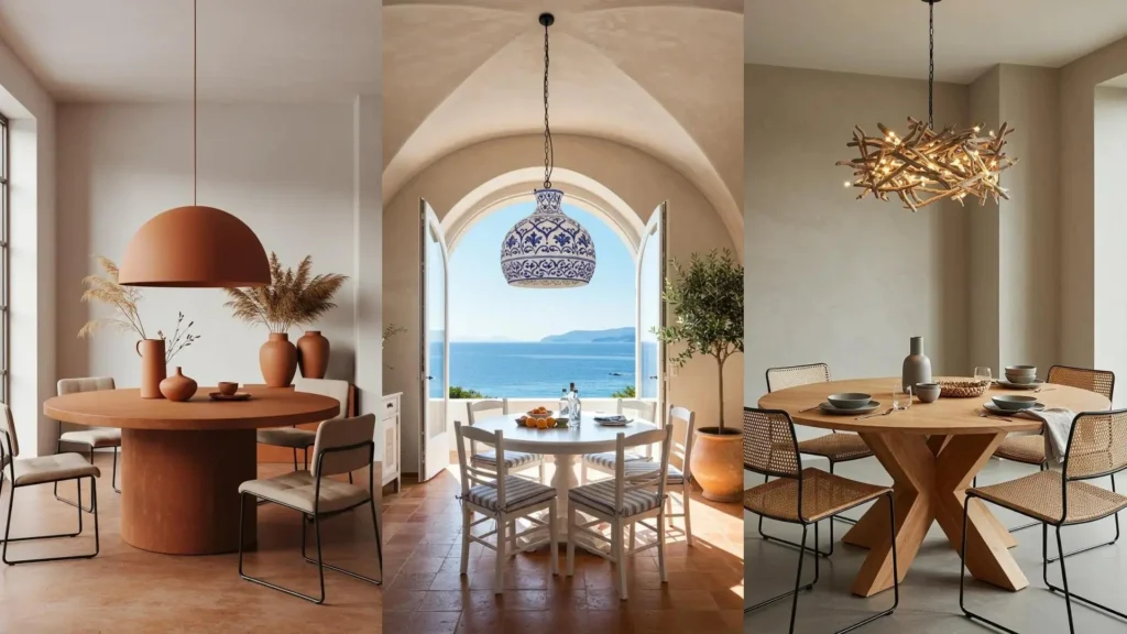 Comedores elegantes con mesas redondas y originales lámparas colgantes que captan todas las miradas.