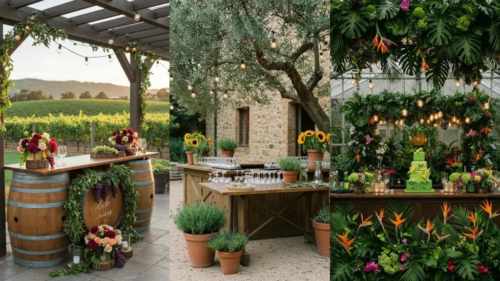 Decoraciones de barras de bebidas para bodas con luces y flores. Escenas de viñedo, rústica y tropical con arreglos florales.