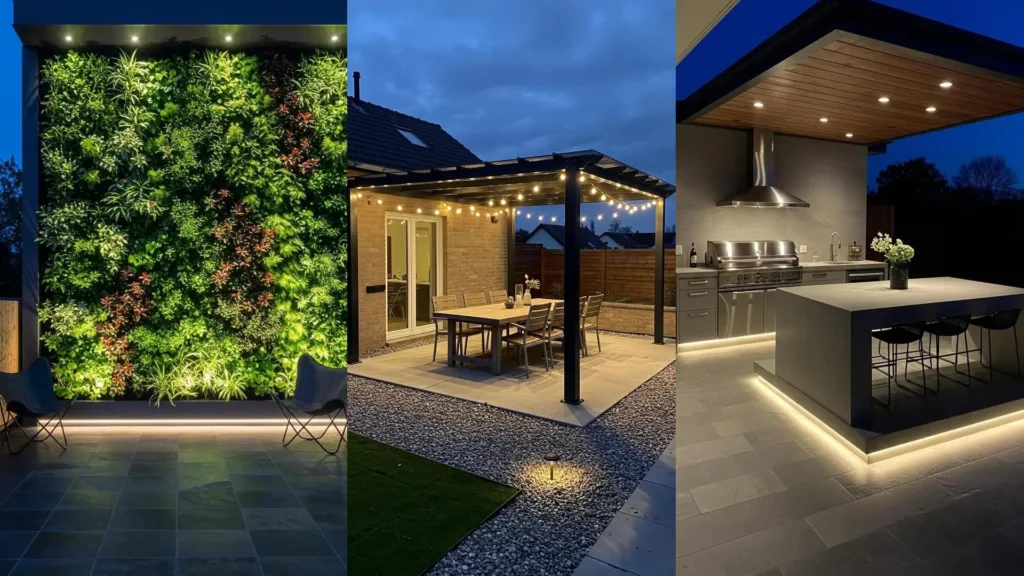 Patios modernos con iluminación LED integrada en suelo, paredes y pérgolas. Incluye jardín vertical y cocina exterior.