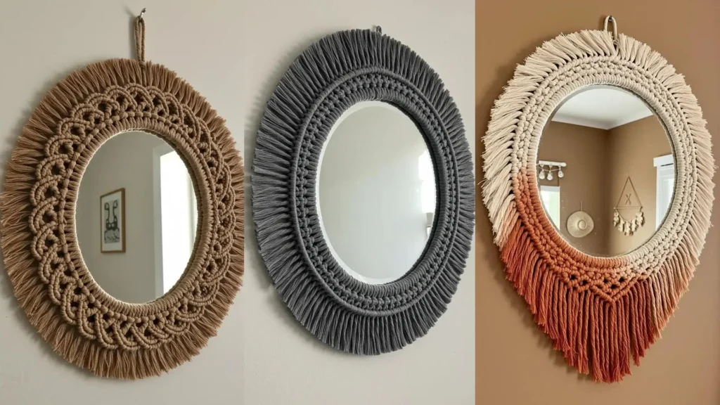 Espejos redondos modernos con marcos de macramé en varios colores, inspiración DIY para el hogar.