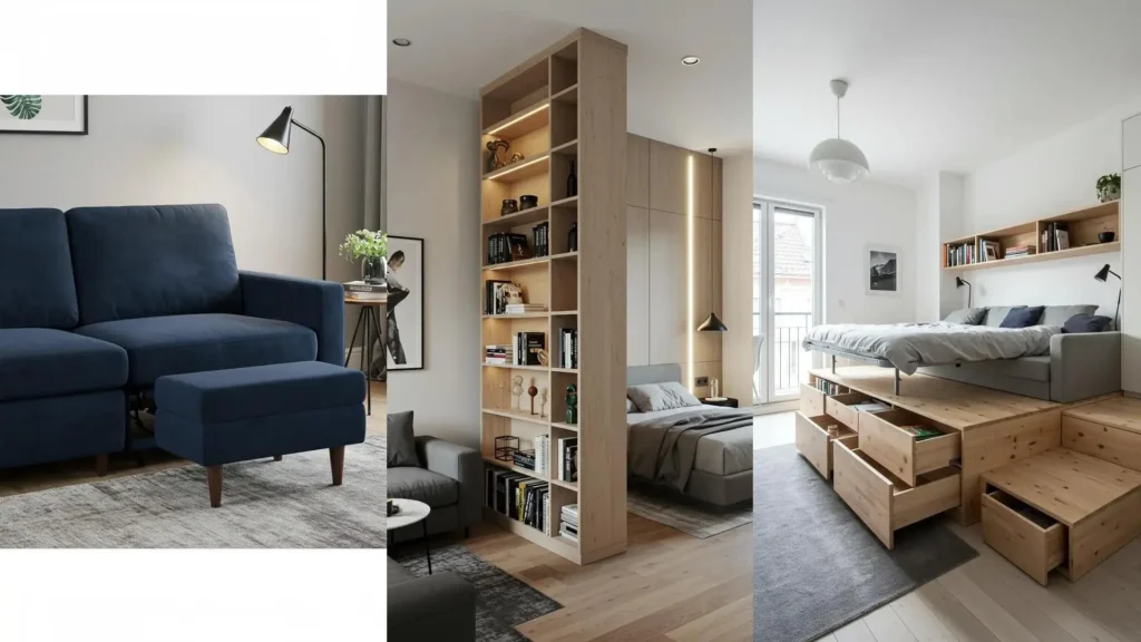 Muebles convertibles para espacios pequeños: cama-sofá con almacenaje y estantería divisoria, optimizando cada rincón.
