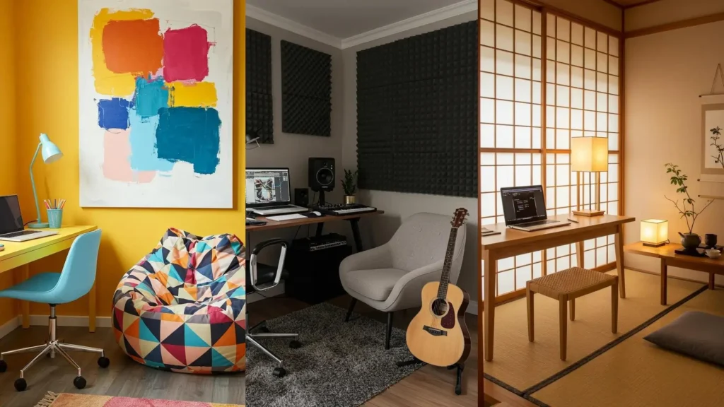 Rincones de trabajo y descanso en armonía: oficina colorida, estudio musical y espacio zen para tu hogar.
