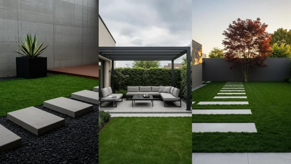 Jardines minimalistas con césped uniforme, senderos de trazos rectilíneos y decoración exterior moderna.