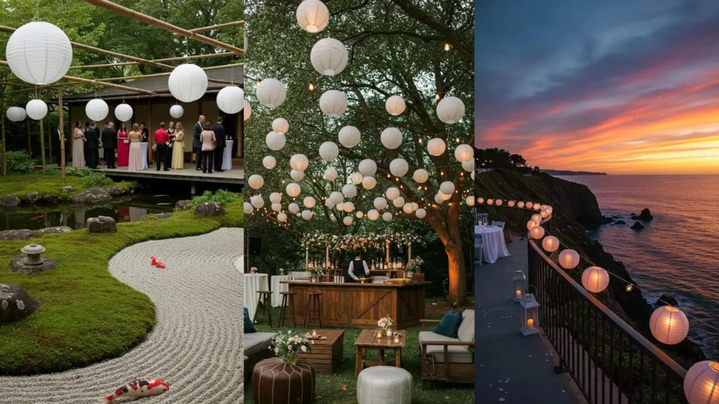 Hermosas bodas al aire libre con lámparas de papel blancas decorando un jardín, un bar bajo árboles y una terraza al atardecer.