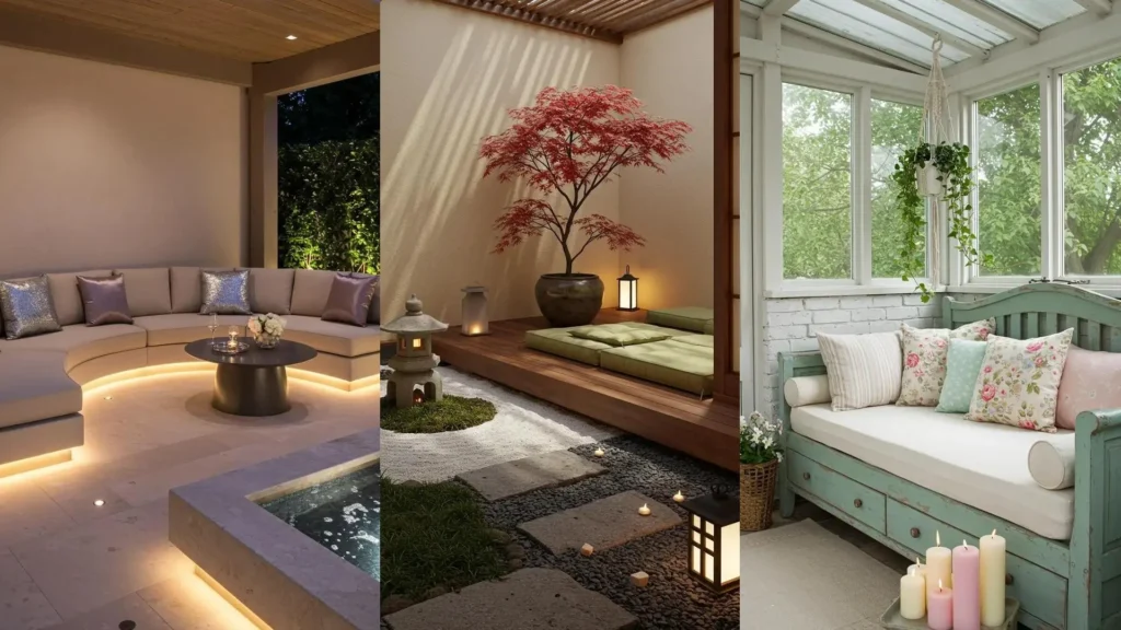 Acogedor patio romántico con sofá cama rústico verde menta, cojines florales pastel y detalles delicados con velas.