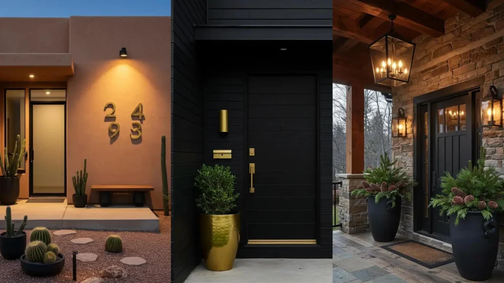 Porches elegantes con puertas y detalles en negro y dorado. Inspiración para entradas modernas.