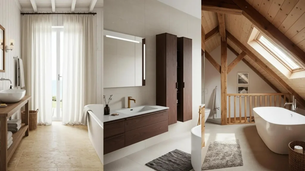 Baños modernos con decoración en tonos arena, muebles de madera natural y detalles rústicos para un ambiente relajante.