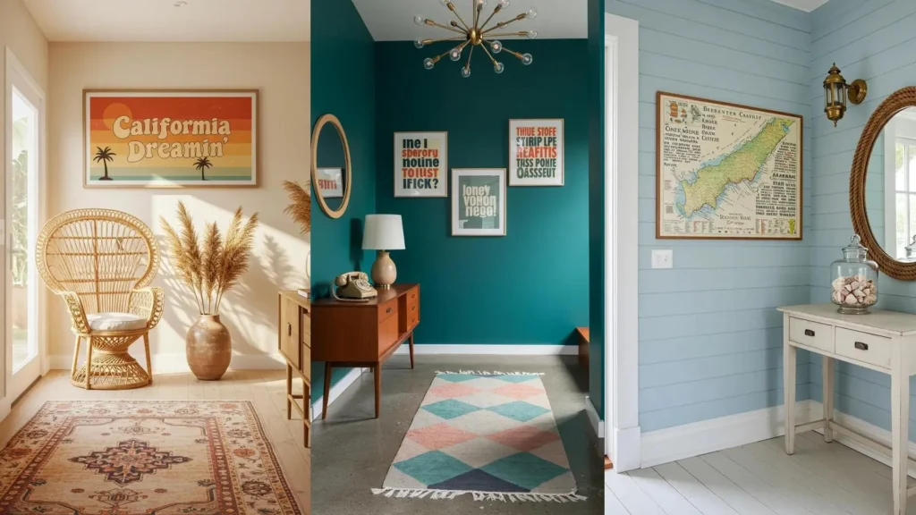 Entradas con cuadros de frases y estilo vintage: tipografías decorativas en pasillos coloridos.